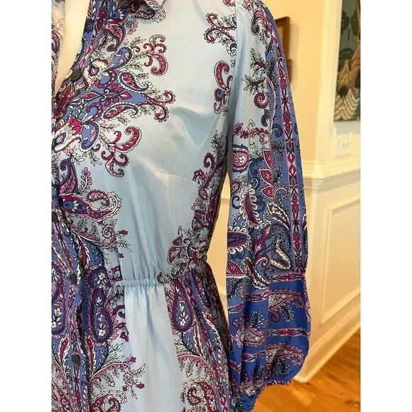 Loft Paisley Midi Shirt Dress - Blue & Purple - Petite XS - Picture 6 of 10